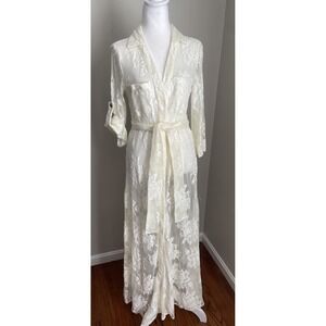 ACCESS Women S Maxi Lace Shirt Dress Sheer Ivory Tie 3/4 EU Bridal Boho Chic